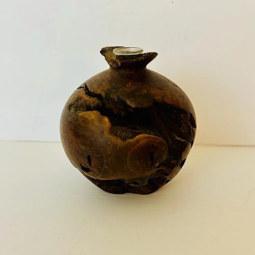 Vtg Hand Turned Burl Wood Bud Vase MCM Unique Brutalist Sculpture